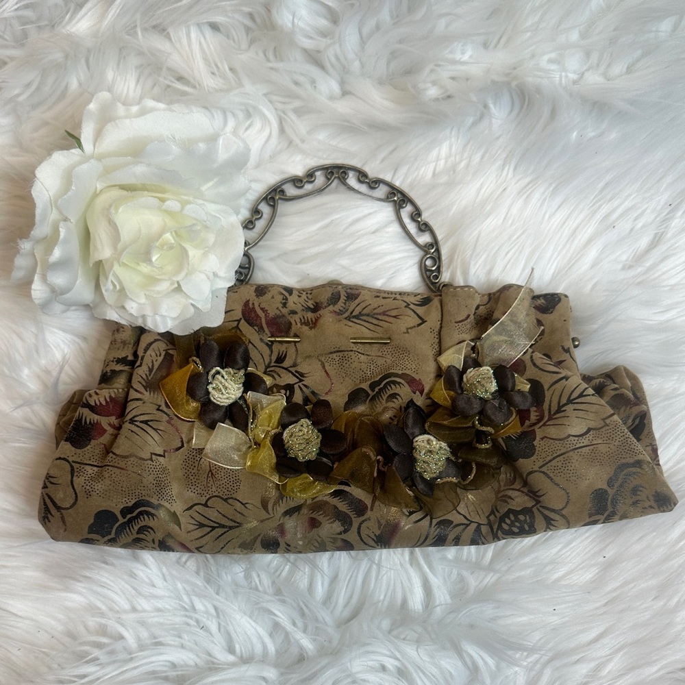 Chic Floral Tan Clutch with Chain Handle